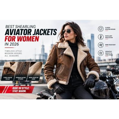 Women wearing a camel shearling aviator jacket with leather exterior and fur-lined collar for urban motorcycle commuting