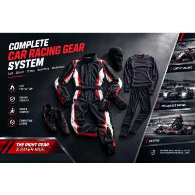 Car racing suits and complete gear setup including suit, gloves, racing shoes, and balaclava for motorsport drivers