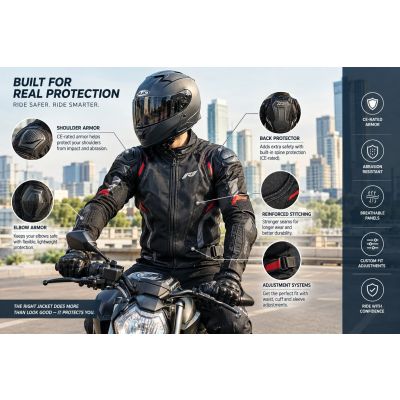 Protective motorcycle jacket for city riding and commuting with visible armor and reinforced construction