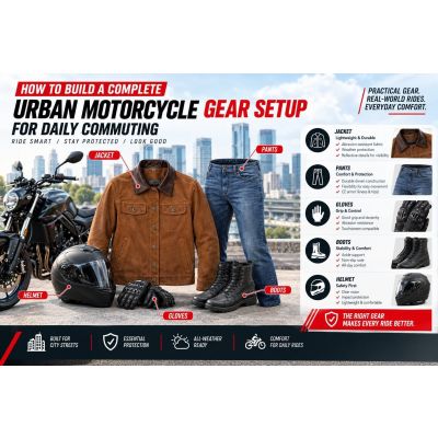 Complete urban motorcycle gear setup for daily city commuting showing protective jacket, gloves, boots, and pants