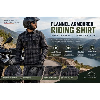 Flannel armoured riding shirt with reinforced Kevlar panels and armor pockets for motorcycle touring