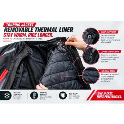 Removable liner attached inside a motorcycle touring jacket for weather adaptability and long-distance riding comfort