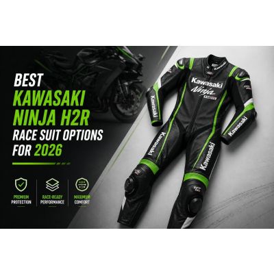 Leather motorcycle race suit next to a Kawasaki Ninja H2R on a track