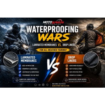 Laminated membrane and drop liner waterproofing comparison for motorcycle touring gear