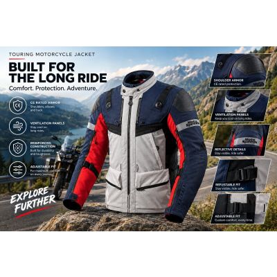 Best motorcycle jacket for mountain riding with visible CE armor pockets, reinforced seams, ventilation panels, and touring-focused design