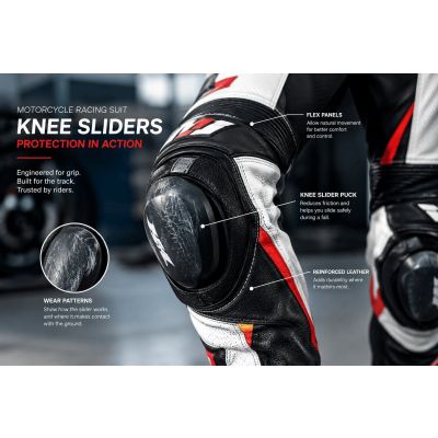 Close-up view of motorcycle knee sliders on a racing suit showing protective pucks positioned on the outside of the knee