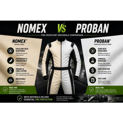 Two car racing suits side by side made from different fire-resistant fabrics