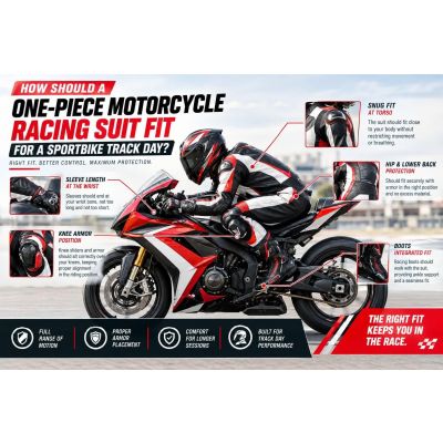One-piece motorcycle racing suit fit for sportbike track day showing proper armor placement and seam alignment