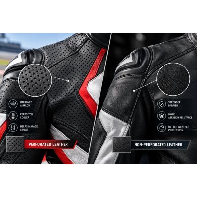 Comparison of perforated and non-perforated motorcycle racing suit leather showing ventilation holes and protection differences