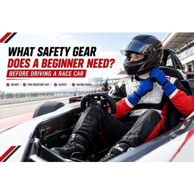 Beginner race driver in fire-resistant car racing gear suit, gloves, and shoes preparing for track day safety