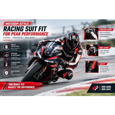 MotoGP-style racing suit showing proper knee armor fit and positioning for motorcycle protection
