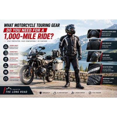Rider in a touring jacket, pants, gloves and boots on an open highway