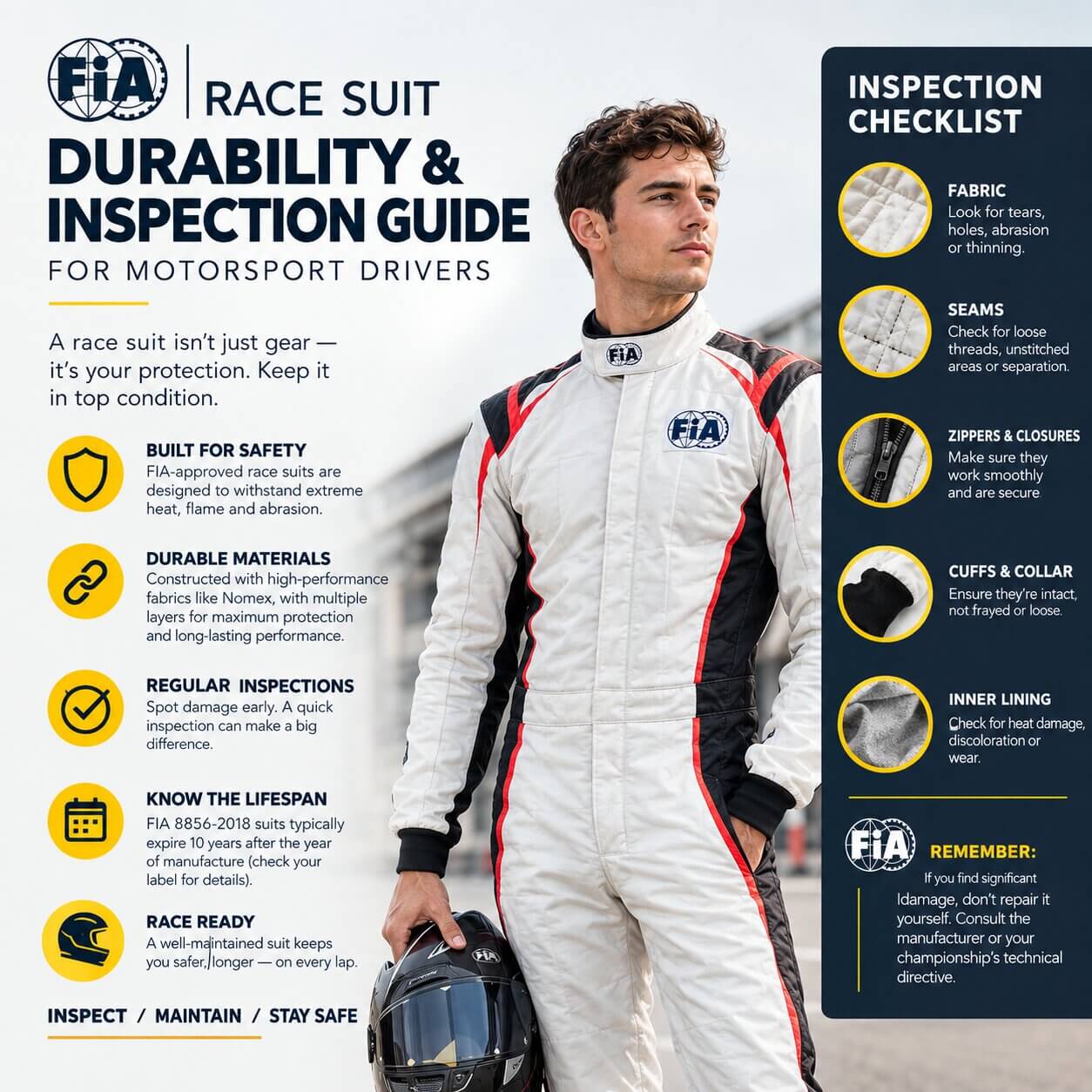 FIA race suit durability and inspection guide for motorsport drivers