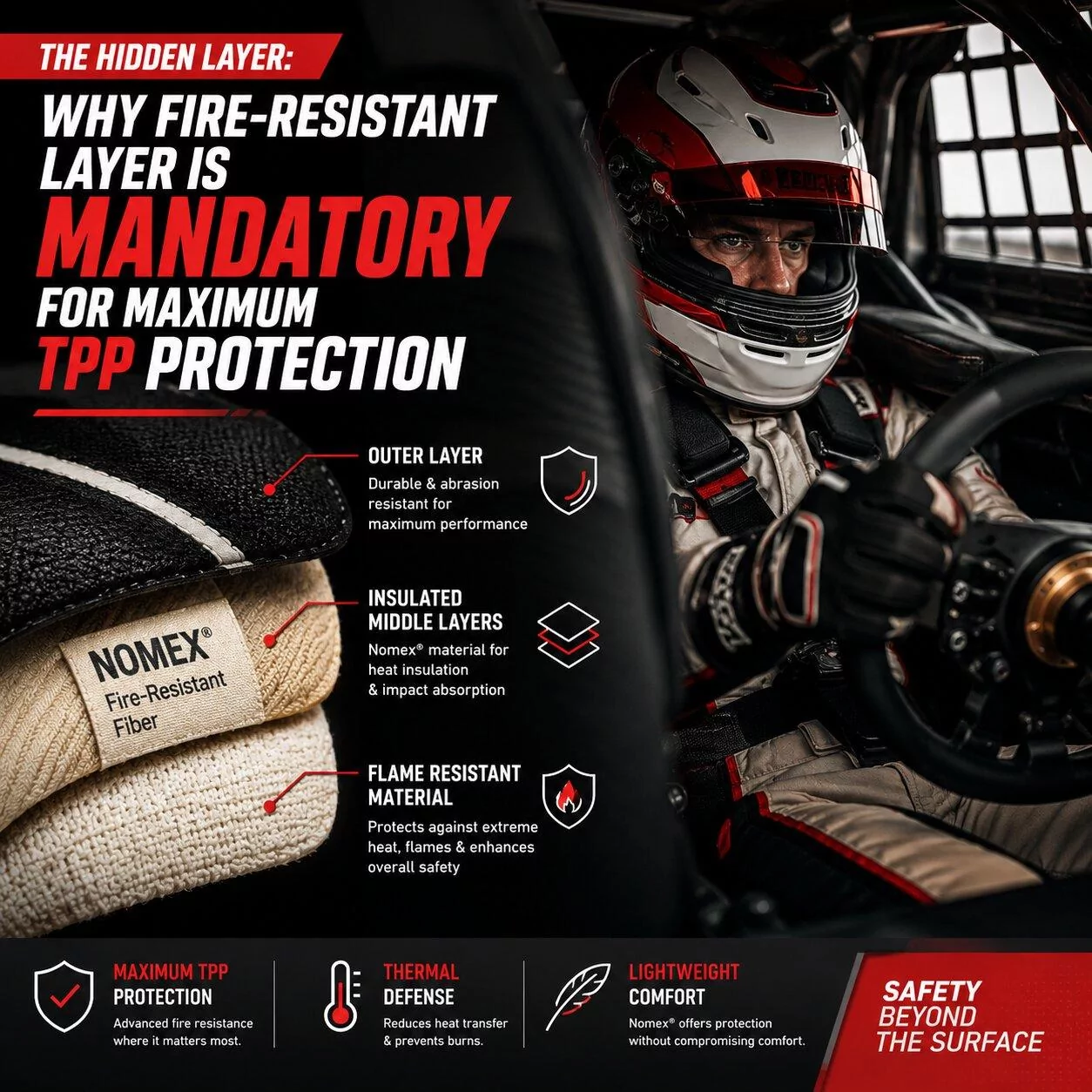 Fire Resistant Layer in Racing Suit Providing Thermal Protection for Drivers