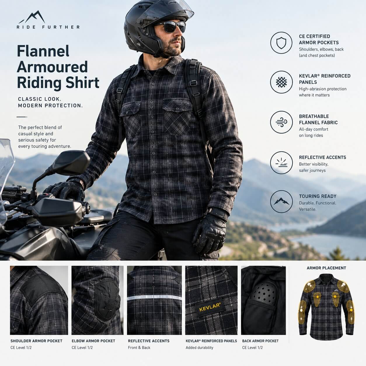 Flannel armoured riding shirt with reinforced Kevlar panels and armor pockets for motorcycle touring