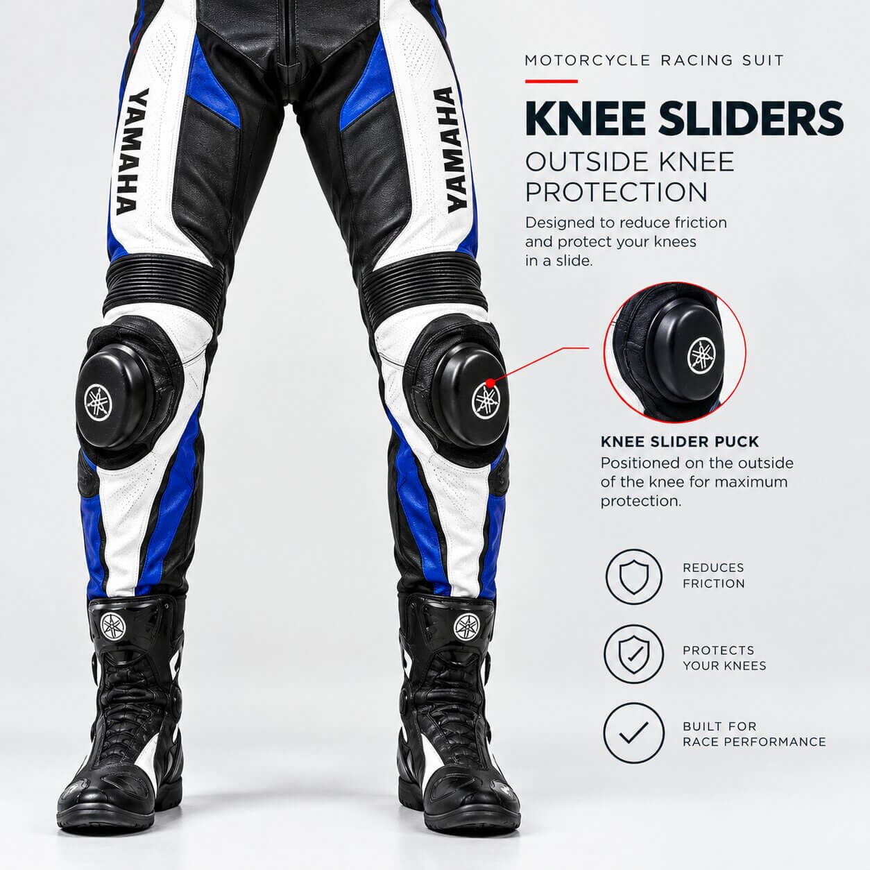 Close-up view of motorcycle knee sliders on a racing suit showing protective pucks positioned on the outside of the knee