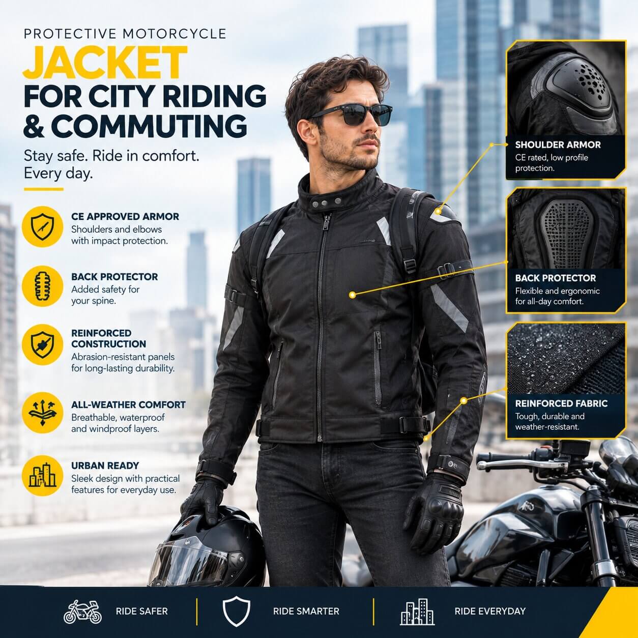 Protective motorcycle jacket for city riding and commuting with visible armor and reinforced construction