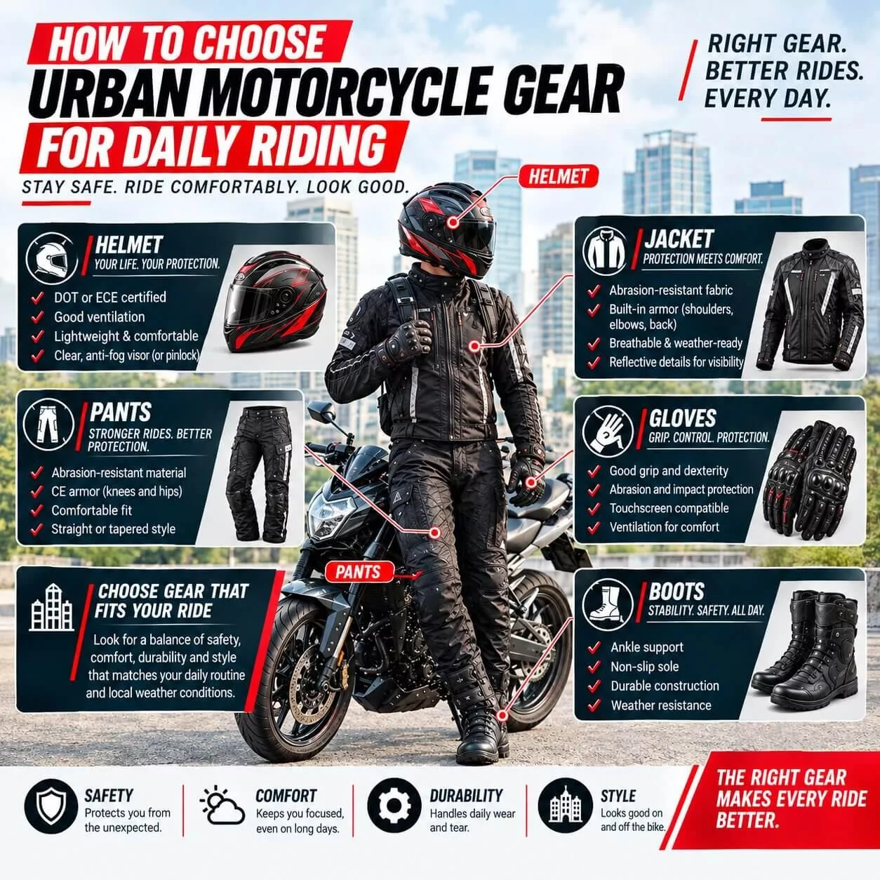 Complete urban motorcycle gear setup for daily city commuting and street riding