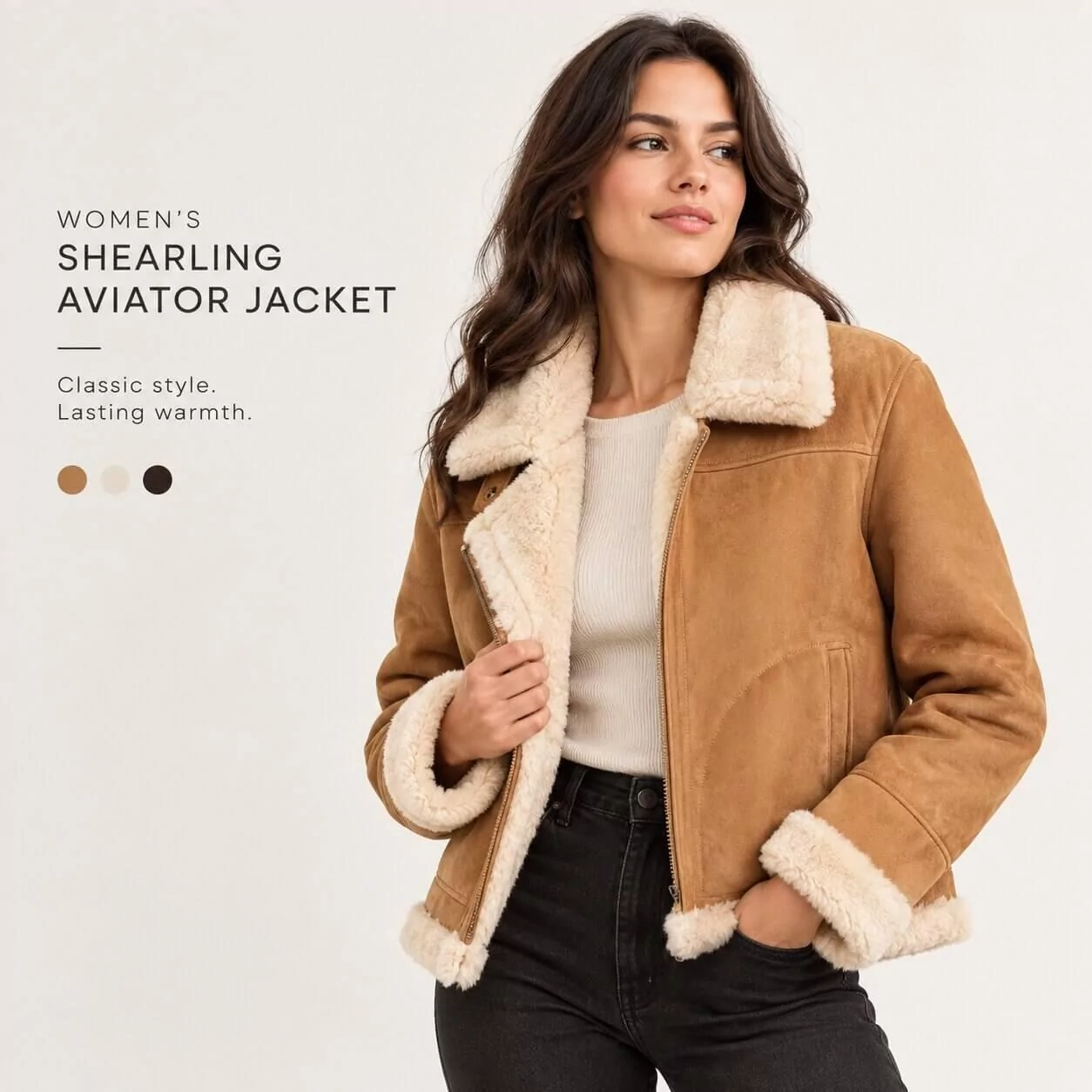 Women wearing a camel shearling aviator jacket with leather exterior and fur-lined collar